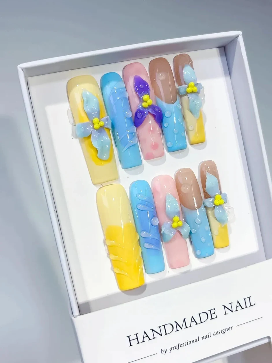 JSB21 - Long Yellow Blue Square Abstract Bow Flower thumbnail 3