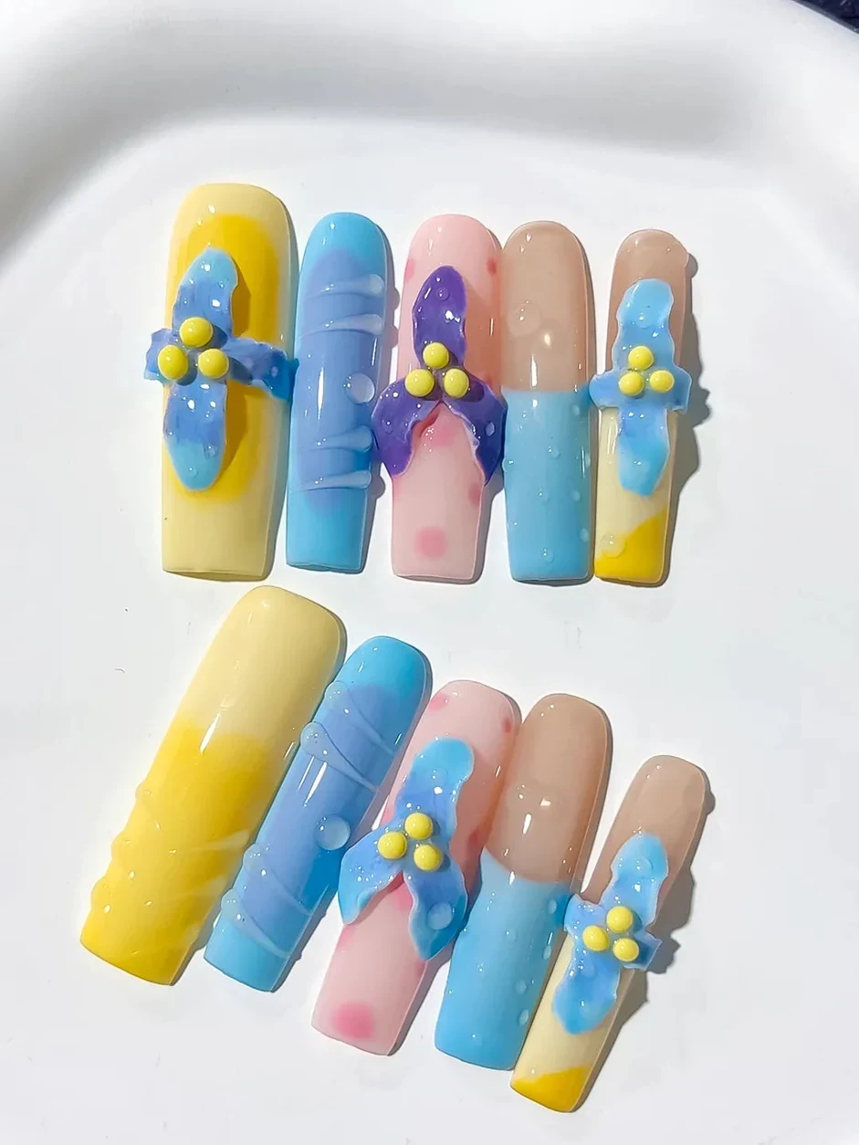 JSB21 - Long Yellow Blue Square Abstract Bow Flower thumbnail 4