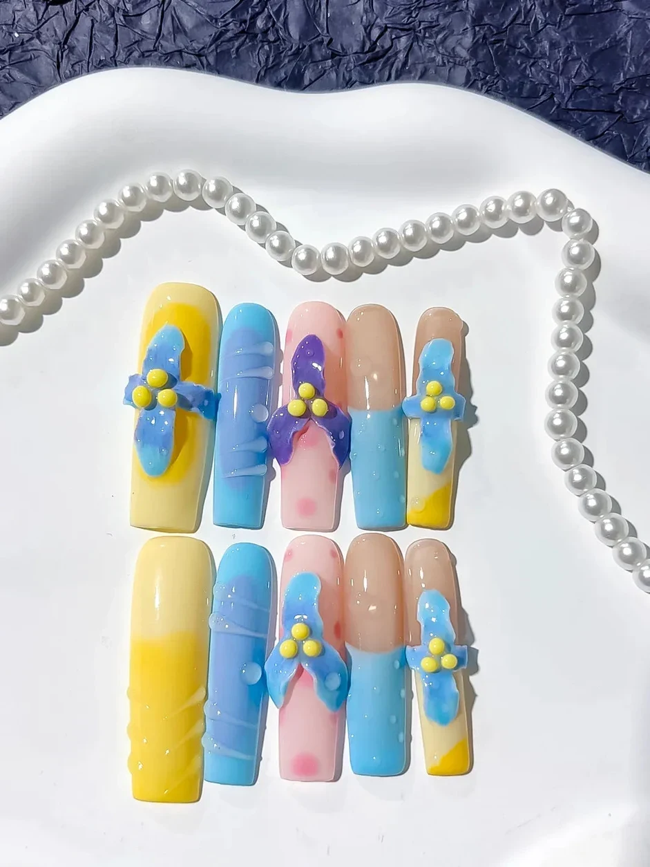JSB21 - Long Yellow Blue Square Abstract Bow Flower thumbnail 5