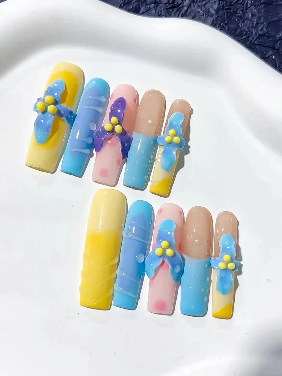 JSB21 - Long Yellow Blue Square Abstract Bow Flower thumbnail 7