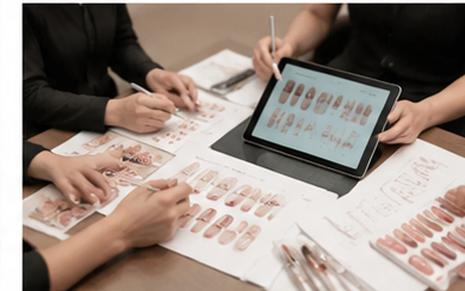OEM nail design review with press-on nail sketches, samples, and material options